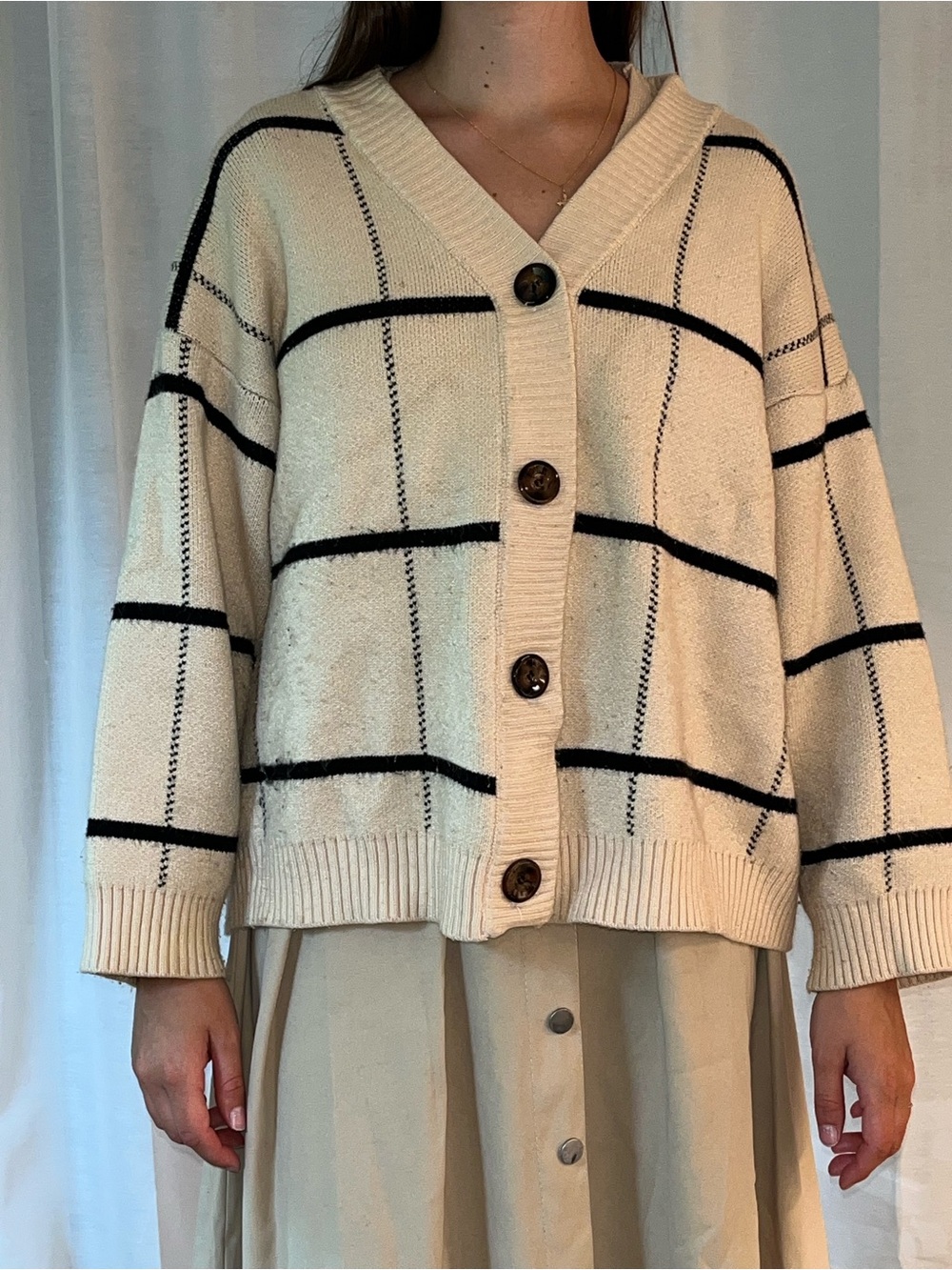 Cream V-Neck Button Front Sweater Cardigan with Black Windowpane